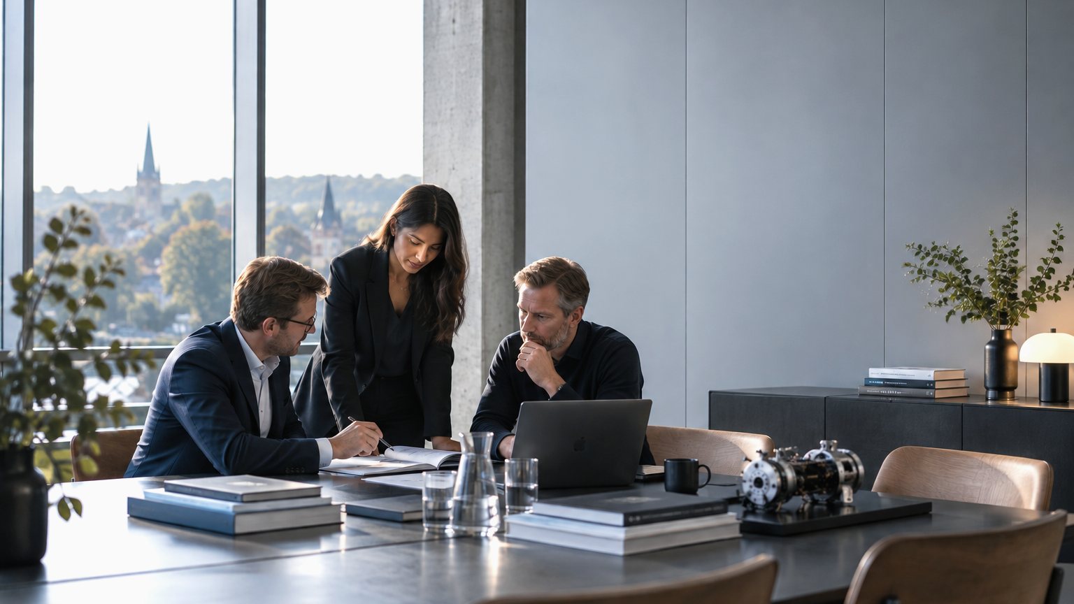 Three people around a table reviewing documents and a laptop in a daylit meeting room, with a robot drive unit standing on the table beside them