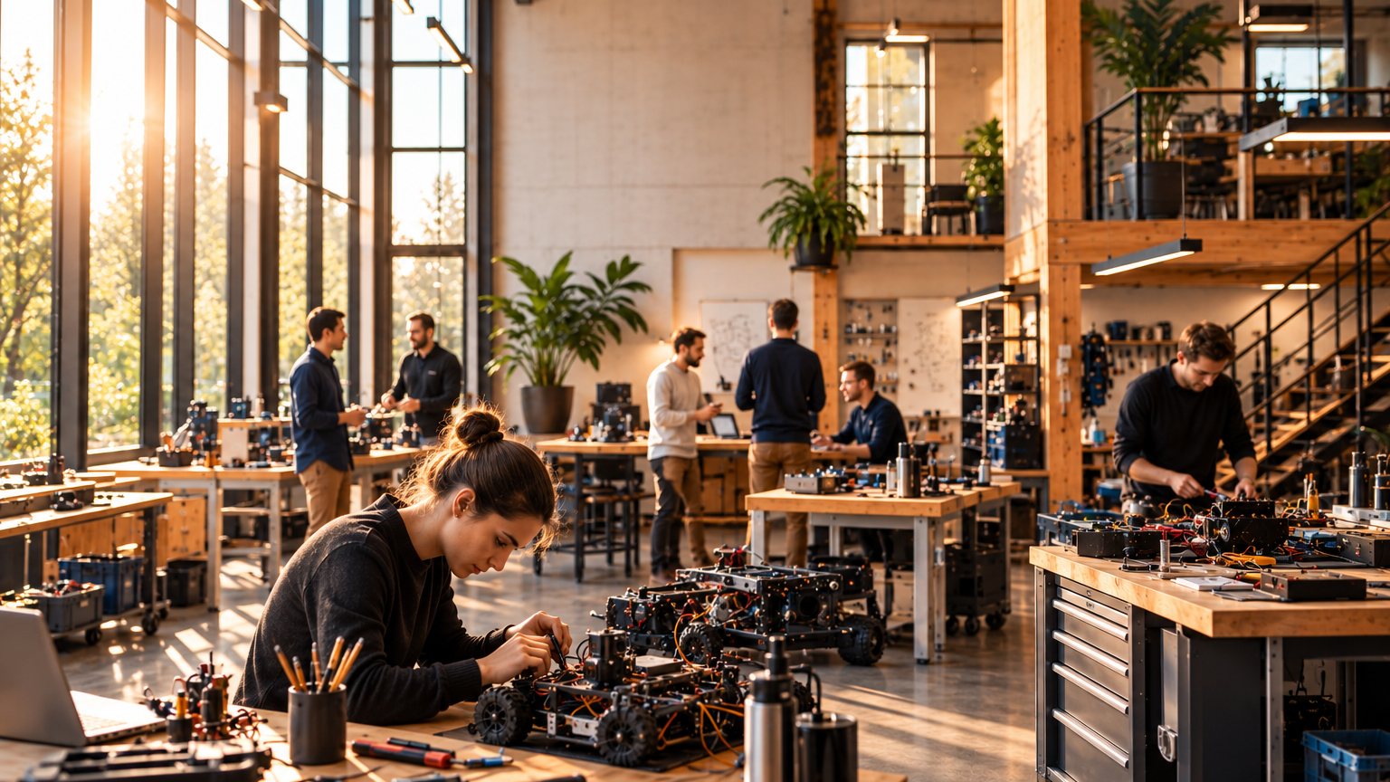 A daylit robotics workshop with timber posts and a mezzanine, where people work on rovers and electronics at wooden benches