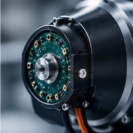 Close-up of a green encoder board mounted on the end of a motor, with an orange cable leaving the housing