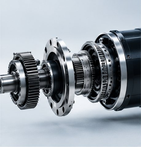 Close-up of a robot drive train laid out along its axis: a small input pinion, a bolted mounting flange, a gear stage and the motor housing behind it