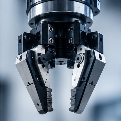 Close-up of a two-finger parallel gripper with machined jaws, seen head on