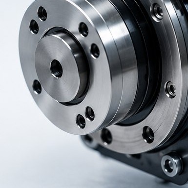 Close-up of a robot joint: a large polished output flange with a bolt circle