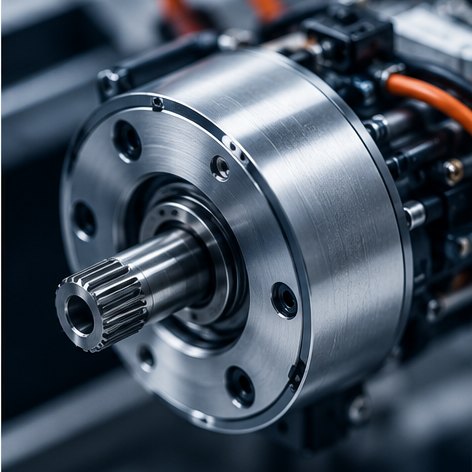 Close-up of a splined output shaft protruding from a machined bearing housing